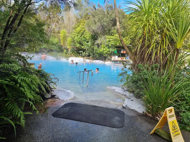 People soaking in an outdoor hot spring pool at Wairakei Terraces surrounded by trees and plants near Taupō new-zealand.