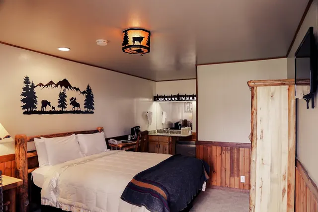 Rustic indoor motel room at Saratoga Hot Springs Resort featuring a bed with white bedding, wood trim, nature-themed wall art, and a mounte.