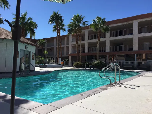 Outdoor hot spring pool and hotel at aqua soleil hotel and mineral water spa california