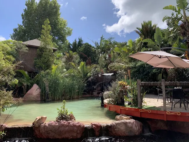 Outdoor mineral pool at The Lost Spring with a small waterfall cascading over rocks and a shaded wooden deck amid tropical plants in New Ze.