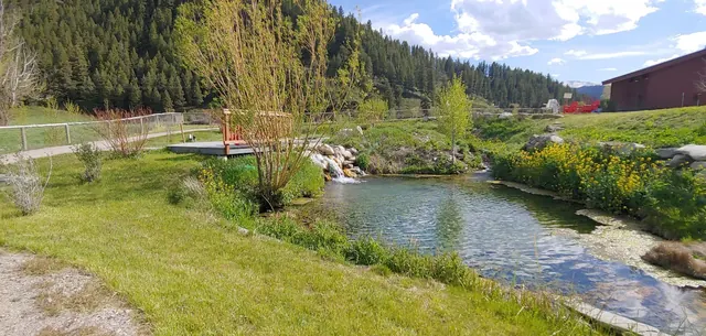 Natural pool at Astoria Hot Springs in Wyoming reflecting green trees and blue sky with nearby grassy area and a wooden deck.