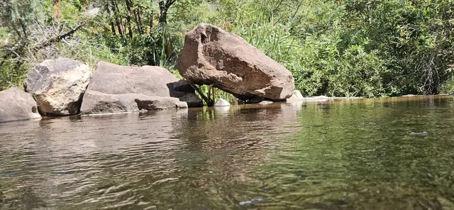 Calm water surface of Spence Hot Spring pool with large boulders and dense green foliage along the bank in Jemez Springs New Mexico.