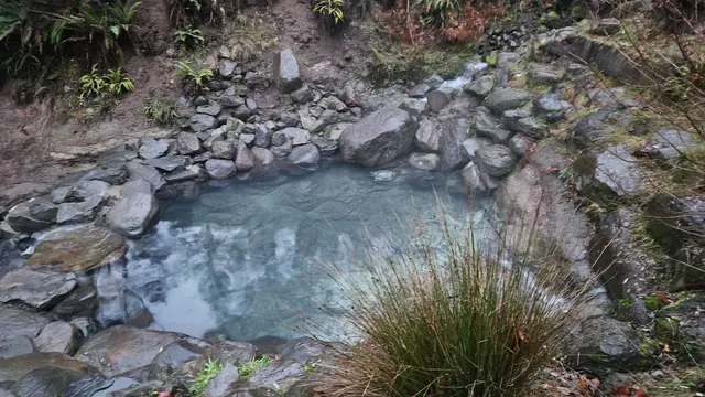 Clear mineral hot spring pool lined with rocks and plants reflecting overcast sky at Terwilliger Hot Springs near Blue River Oregon.