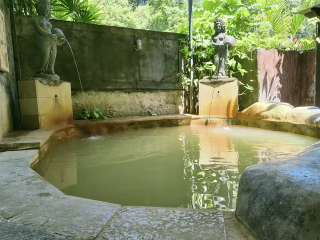 Stone-edge mineral hot spring pool with water fountains shaped like statues flowing gently among green tropical foliage.