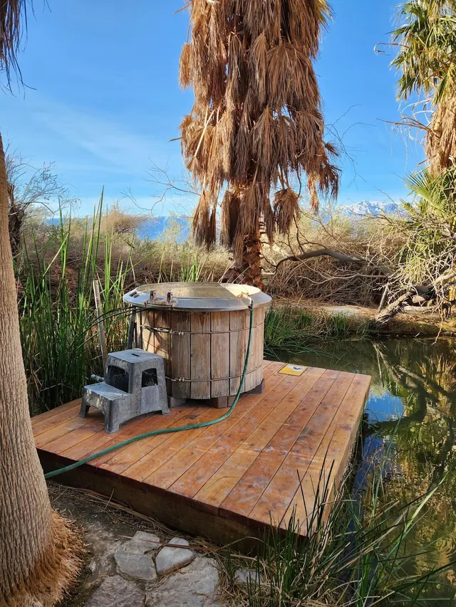 Wooden soaking tub on a raised wooden platform next to cattails and a palm tree at Lower Warm Springs near Big Pine california.