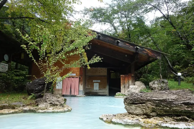 Outdoor mineral water soaking pool at Awanoyu surrounded by green trees and a wooden structure near Matsumoto in Japan.
