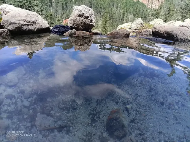Clear water in a small hot spring pool reflects blue sky and surrounding evergreen trees with rocks forming the pool edge at San Antonio Ho.
