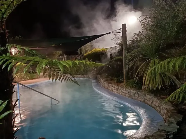 Nighttime scene of a steaming hot spring pool at Waikite Valley Thermal Pools with lights illuminating the water and leafy plants nearby.