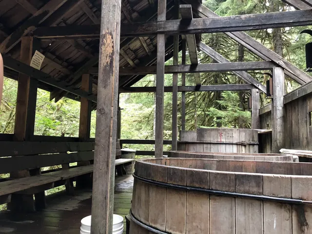Several wooden soaking tubs under a covered shelter surrounded by dense forest at Bagby Hot Springs in Oregon.