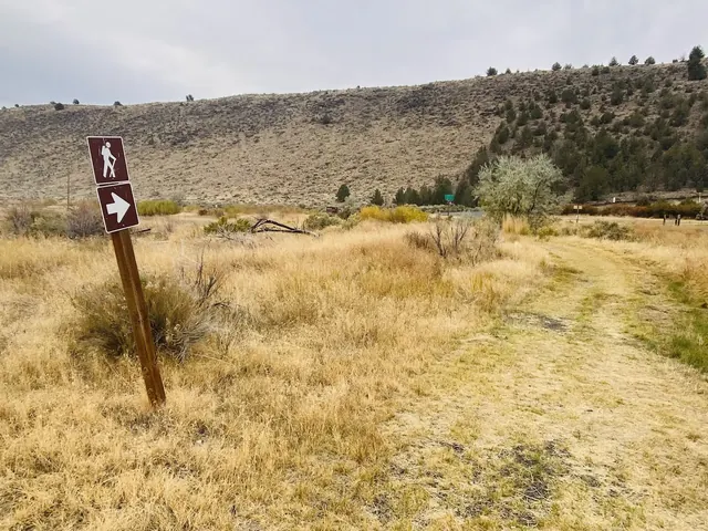 Hiking trail signpost with an arrow pointing right amid dry grassland with hills in the background near Frenchglen Oregon.