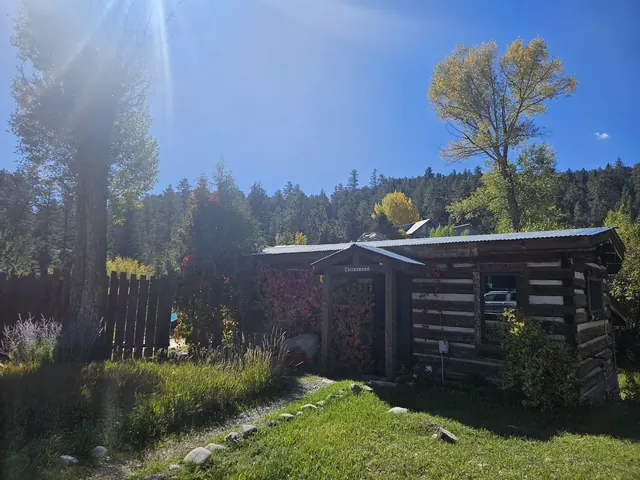 Rustic wooden cabin exterior at Antero Hot Springs Cabins surrounded by trees and greenery in Nathrop, Colorado