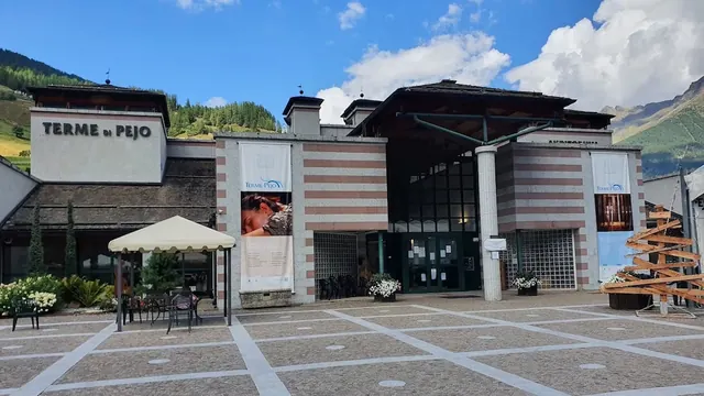 Facade of alpine thermal spa building of Indoor bubbling thermal baths at Terme di Pejo in Italy