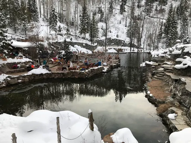 Outdoor developed hot springs pools with soakers in winter time at strawberry hot springs colorado