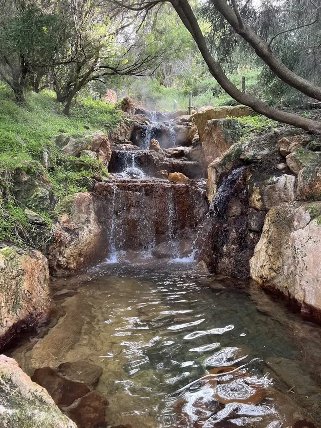 Small cascading waterfall flowing into a natural stone pool surrounded by green trees and plants at Peninsula Hot Springs, Mornington Penin.