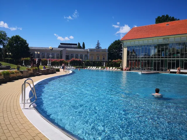 Large outdoor mineral pool with clear water and surrounding buildings at Aquaforum Frantiskovy Lazne in Frantiskovy Lazne, Czechia.