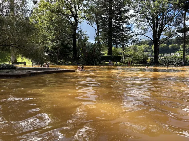 Orange mineral pool of Terra Nostra Thermal Pool with several people bathing, shaded by large leafy trees in Furnas, Portugal.