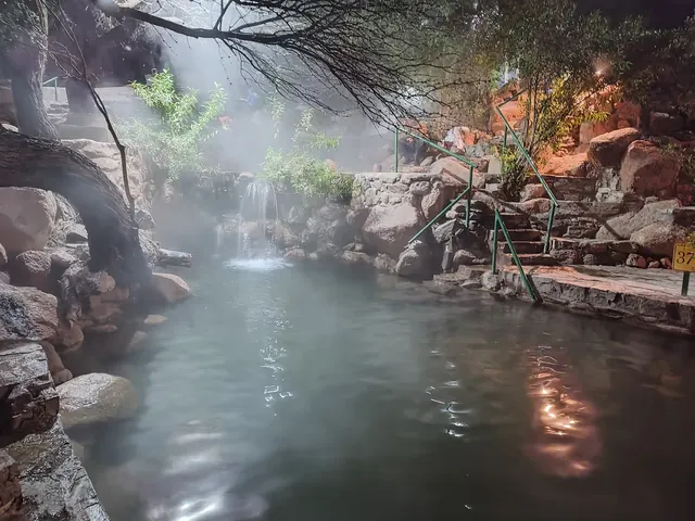 Steaming hot spring pool with natural rock edges and a stone staircase surrounded by trees at Termas de Fiambalá near Fiambalá, Argentina.