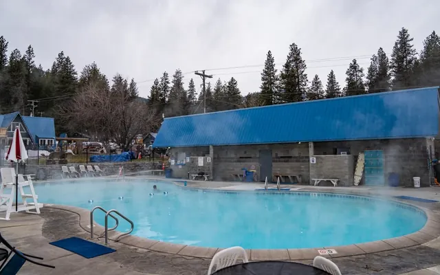 Outdoor steaming hot spring pool at terrace lakes hot springs idaho