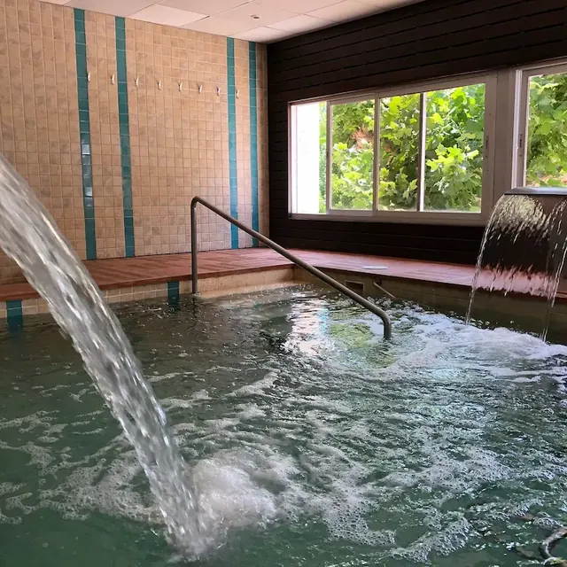 Indoor bubbling hot spring pool with massage streams and lush vegetation outside the window at balneario de lanjaron in spain