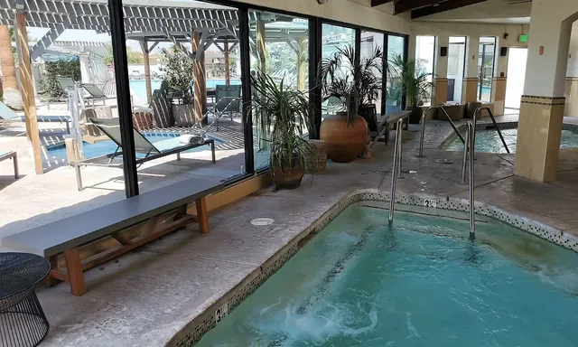 Indoor spa pool with bubbling water and steam at Azure Palm Hot Springs featuring plants and large windows overlooking the outdoor area.