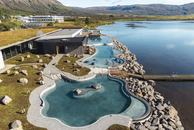 Aerial view of the lakeside pools — Laugarvatn Fontana Geothermal Baths