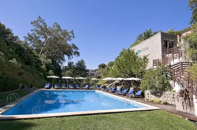 Outdoor hot spring pool surrounded by lush vegetation at spa resort at termas de monchique in portugal