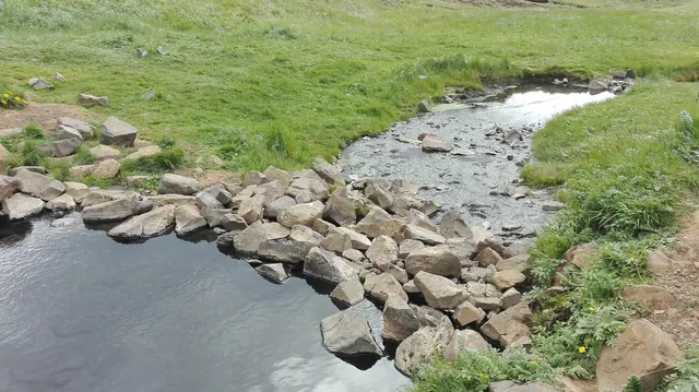 Outdoor hot spring pool with calm water flowing into a rocky stream surrounded by green grass at Hrunalaug Hot Spring in Iceland.