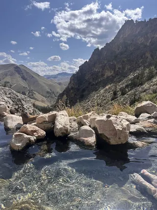 Outdoor natural jot spring pools above the salmon river valley at goldbug hot springs idaho 
