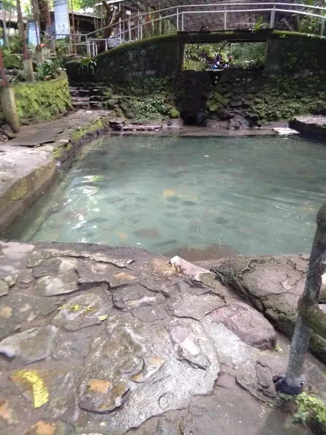 Natural stone-bordered mineral pool with clear water surrounded by greenery at Ardent Hot Spring in Mambajao.