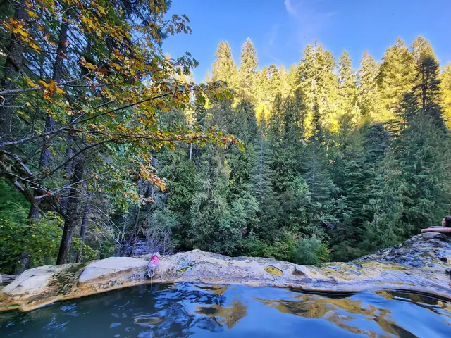 Natural hot spring pool at Umpqua Hot Springs with clear water and rocky edges surrounded by green forest near Glide Oregon.