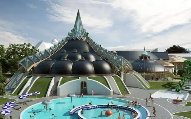 Outdoor pool at Hagymatikum Spa, Hungary
