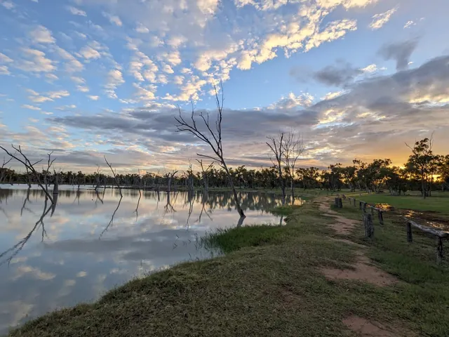 Calm natural pool water reflects blue sky and leafless trees in the remote landscape of Lara Wetlands thermal pool Australia.