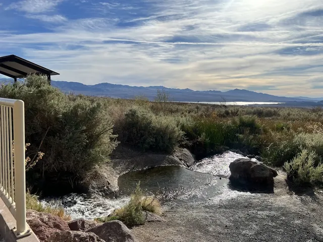 Scenic natural hot spring pool and stream at Rogers Spring with shrubbery and mountains visible near Overton, Nevada