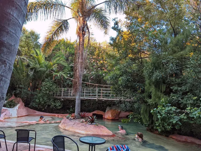 Several people soaking in a natural pool with a pink rocky island, metal bridge, and dense tropical trees at The Lost Spring near Whitianga.
